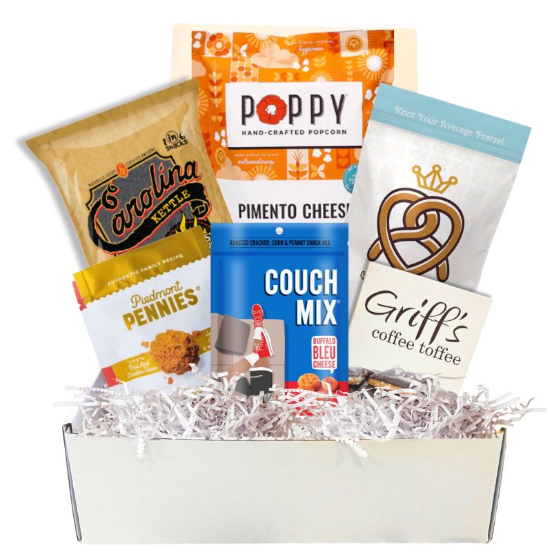 Gift box full of gourmet, made in North Carolina snacks to celebrate local flavors and small businesses