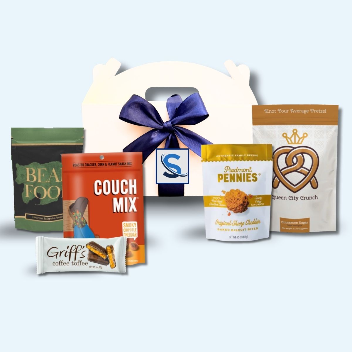 Custom logo branded NC corporate event welcome box with company label and blue ribbon