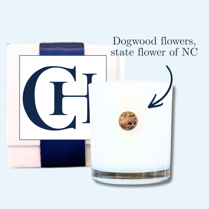 Personalized dogwood candle for North Carolina corporate gifts with custom label options