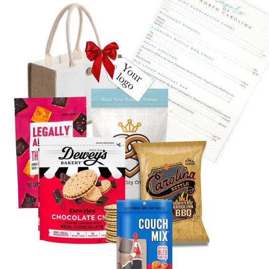 Custom branded corporate gift tote with North Carolina artisan snacks and personalized logo tag
