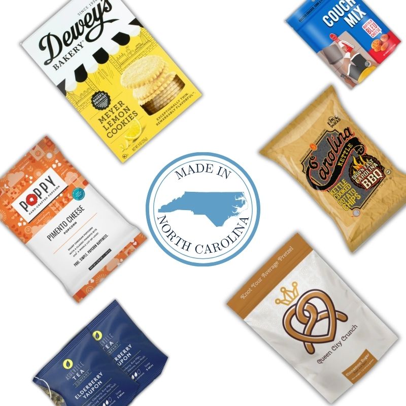Custom corporate gift tote contents with North Carolina gourmet snacks and branded gift tag