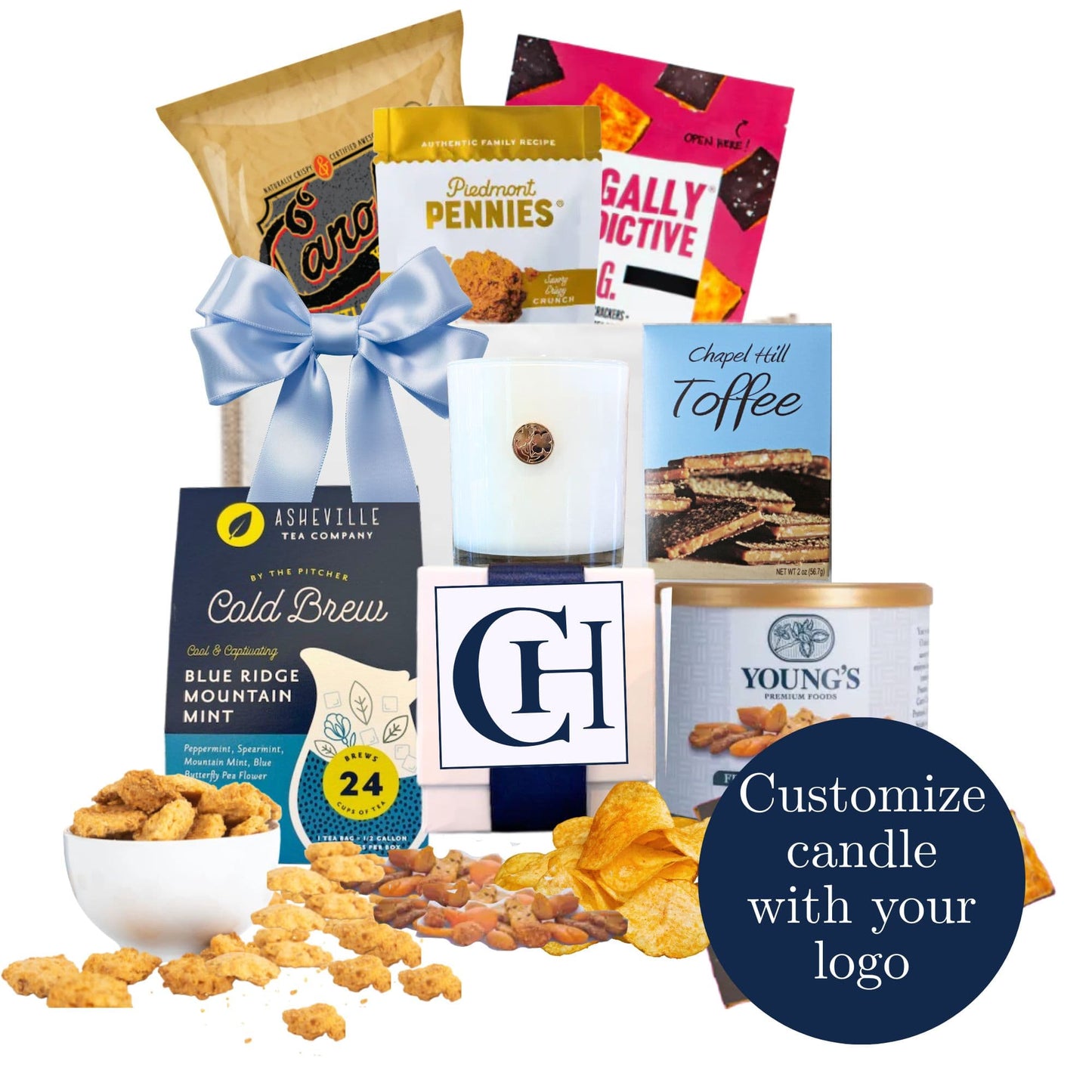 Custom branded corporate gift tote with North Carolina artisan products and personalized candle