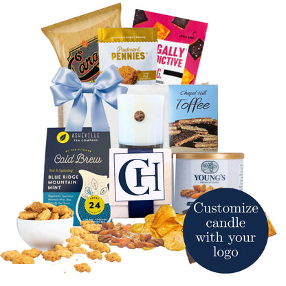 Custom branded corporate gift tote with North Carolina artisan products and personalized candle