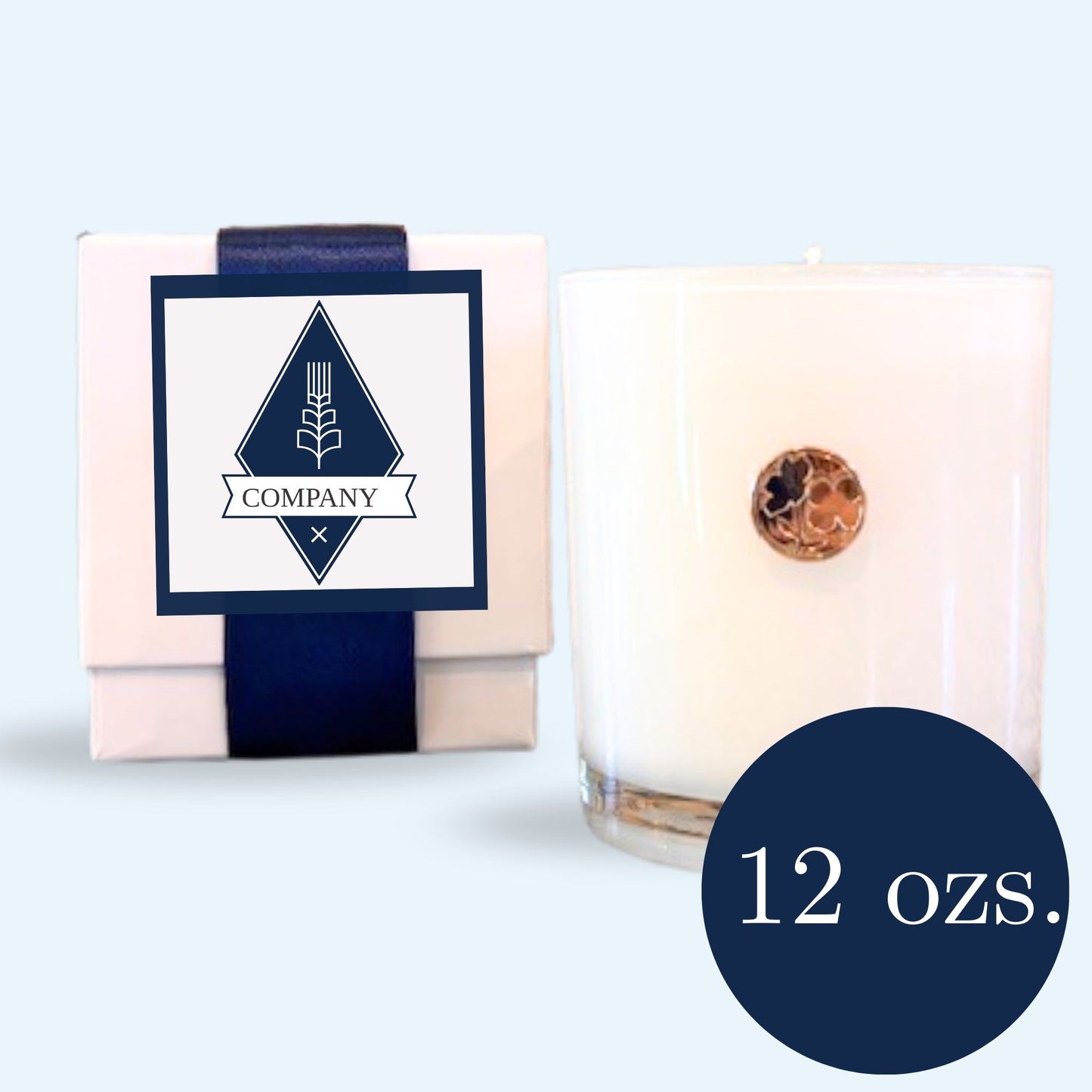 Custom branded corporate candle gift with example company logo on luxury white gift box, 12oz white glass candle with gold NC dogwood emblem 