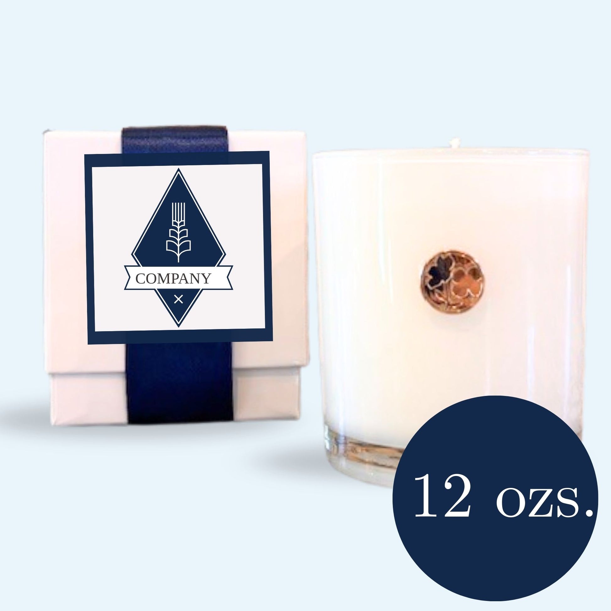 Custom branded corporate candle gift with example company logo on luxury white gift box, 12oz white glass candle with gold NC dogwood emblem 