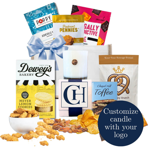 Custom branded corporate gift tote with North Carolina artisan products and personalized candle