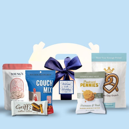 Custom monogram wedding welcome box with North Carolina foods  and personalized message