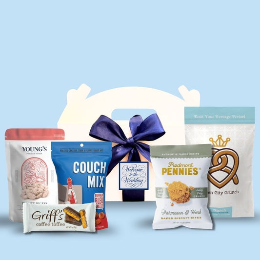 Custom monogram wedding welcome box with North Carolina foods  and personalized message