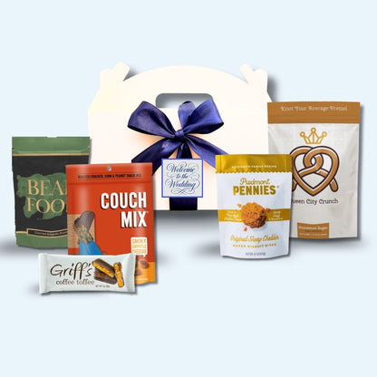 Custom monogram wedding welcome box with North Carolina foods  and personalized message