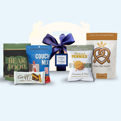 Custom monogram wedding welcome box with North Carolina foods  and personalized message