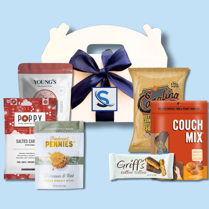 Custom logo Carolina specialty goods corporate event welcome box with personalized label and blue 