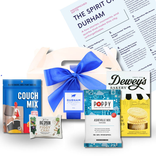 Durham NC gourmet corporate event welcome box with Durham label and blue ribbon