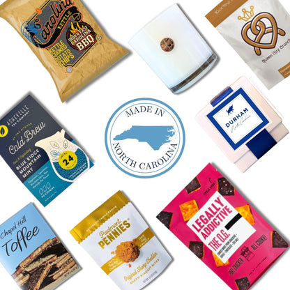 Durham NC welcome gift with Made in the Carolinas emblem, featuring gourmet snacks and Bull City soy candle from NC and SC producers