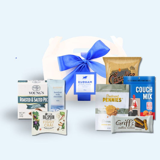 Durham NC gourmet corporate event welcome box with Durham label and blue ribbon