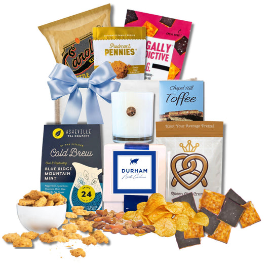 Durham NC welcome gift tote for realtor closing gifts, corporate relocation, and new employee onboarding from Handpicked Gifts 