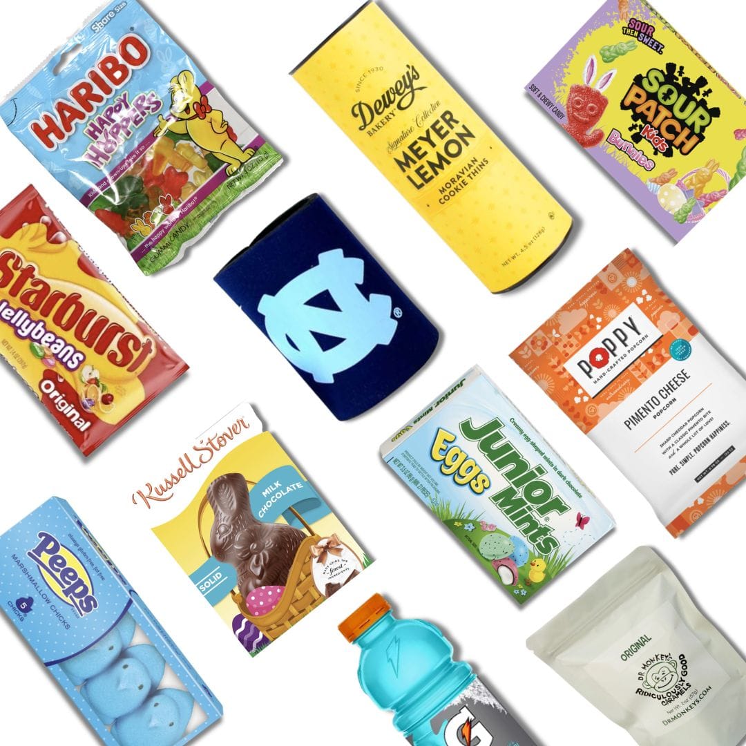 Easter care package contents featuring North Carolina gourmet chocolates and spring treats for UNC students
