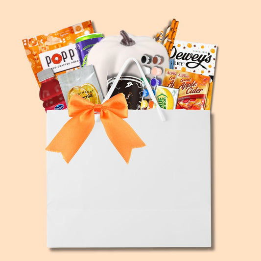 UNC-themed fall party kit for students, displayed in a seasonal gift bag with mini pumpkin, painting supplies, snacks, drink mix, and festive fall items, ready for hand-delivery in Chapel Hill.