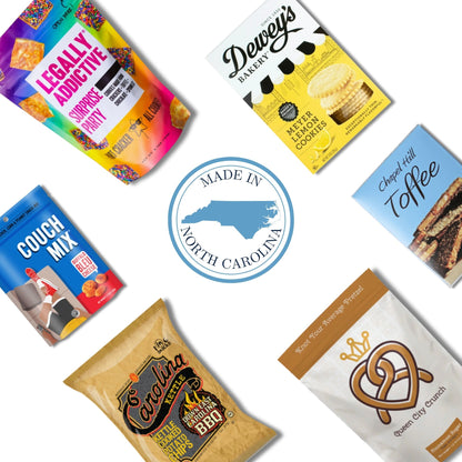 North Carolina gourmet gift basket contents with Chapel Hill Toffee, chocolate pecans, and Carolina artisan treats