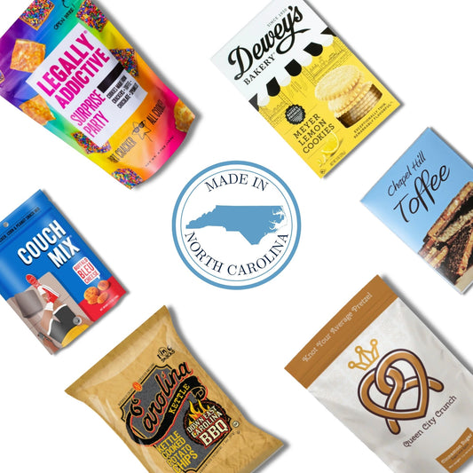 North Carolina gourmet gift basket contents with Chapel Hill Toffee, chocolate pecans, and Carolina artisan treats
