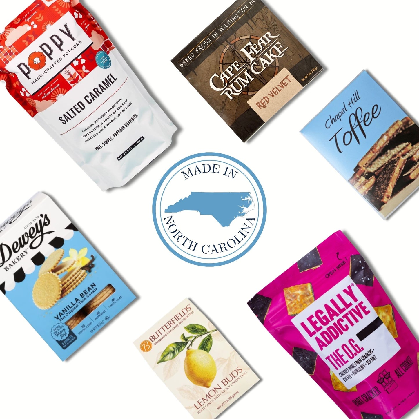 flat lay of contents in north carolina sweet treats gift bag