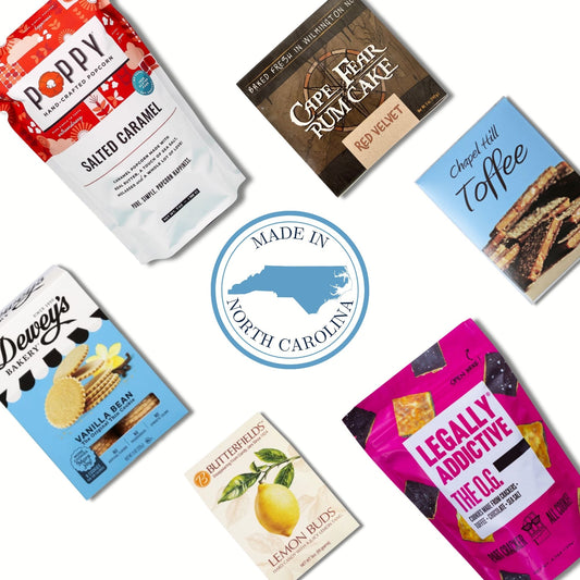 flat lay of contents in north carolina sweet treats gift bag