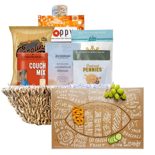 Football game day gift basket with North Carolina artisan snacks and tailgate treats