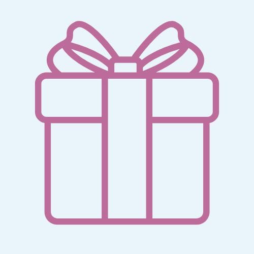 Gift icon with a pink outline on a light purple background