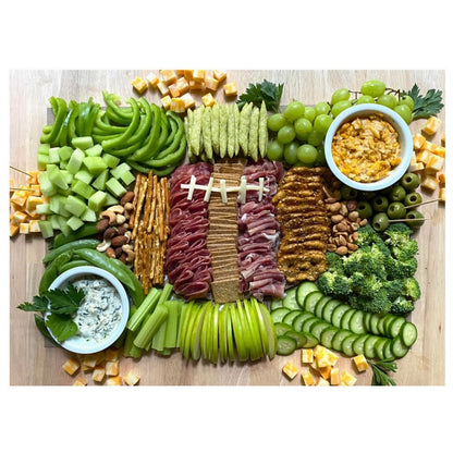 Game day tailgate gift basket with North Carolina gourmet snacks displayed on football charcuterie mat