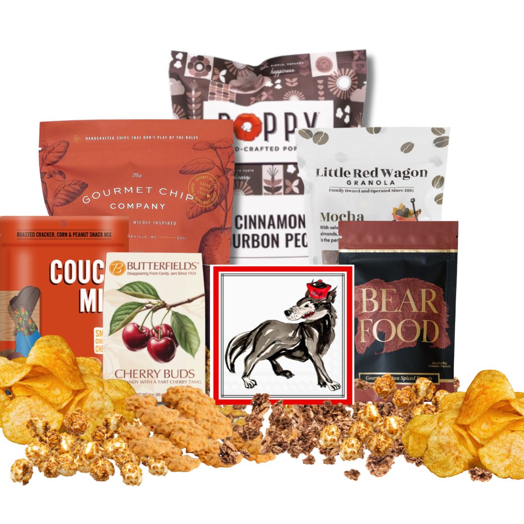 NC State Wolfpack gift basket contents with North Carolina gourmet popcorn, coffee toffee, and artisan treats