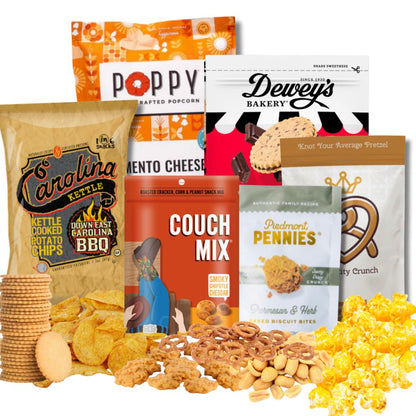 Display image of the Carolina Crafted Gift Basket with all North Carolina-made snack items arranged neatly, featuring loose popcorn, pretzels, and chips in front for a styled, appetizing look.