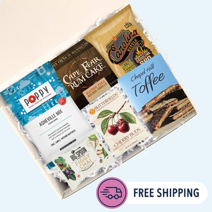 gluten free gourmet food gift from north carolina featuring popcorn, cake, chips, candy, toffee, and a bar with free shipping