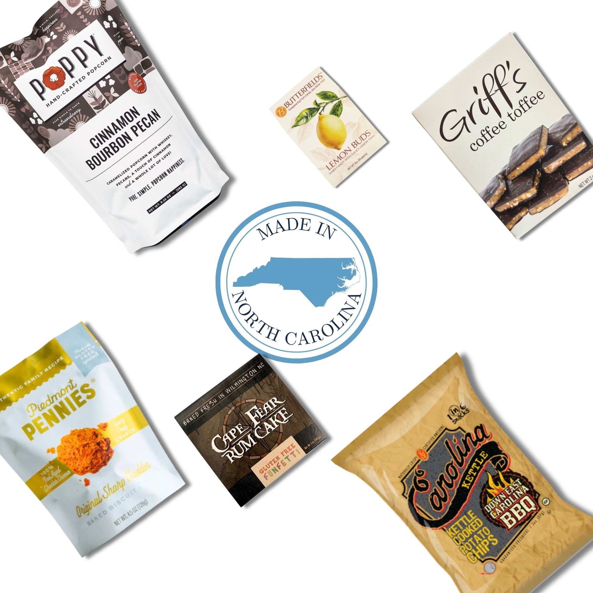 Gluten-free gourmet gift basket contents with North Carolina artisan chocolate, toffee, and BBQ chips