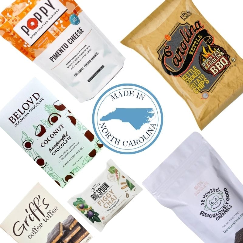 Gluten-free gourmet gift basket contents with North Carolina artisan chocolate, toffee, and BBQ chips