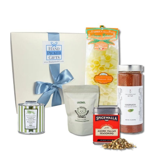 Gluten-free Italian dinner gift basket with certified pasta and North Carolina artisan treats