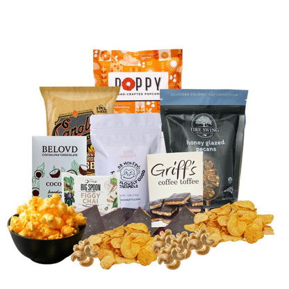 North Carolina-made gluten free snacks in a luxury gift box