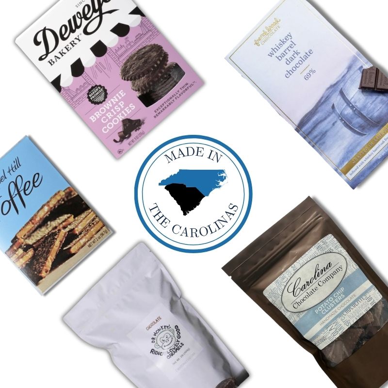 Gourmet chocolate gift basket contents with French Broad Chocolate, Chapel Hill Toffee, and Carolina pecans