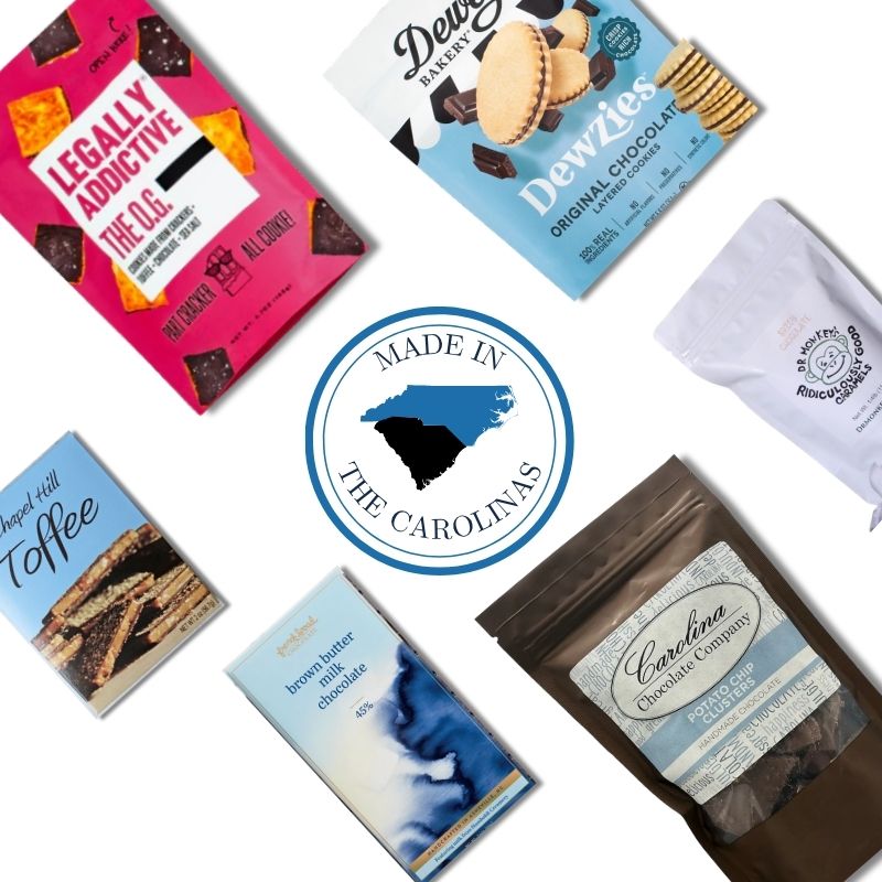 Gourmet chocolate gift basket contents with French Broad Chocolate, Chapel Hill Toffee, and Carolina pecans