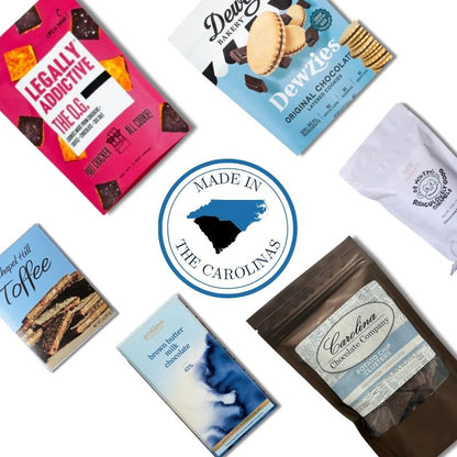 Gourmet chocolate gift basket contents with French Broad Chocolate, Chapel Hill Toffee, and Carolina pecans