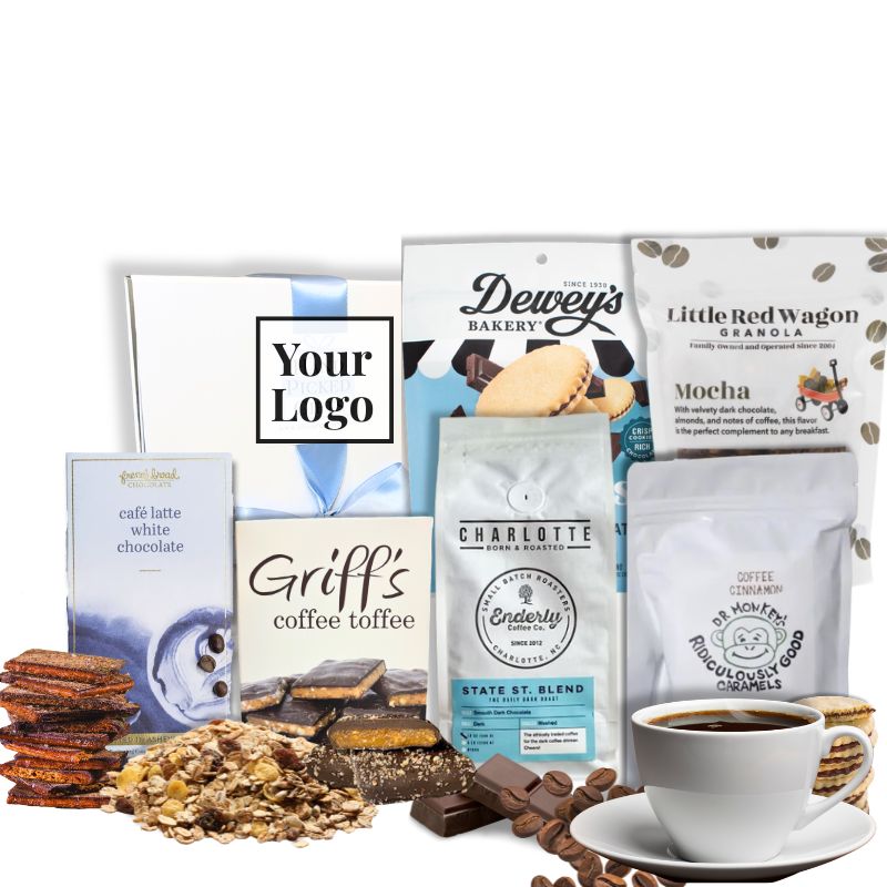  Custom branded coffee and chocolate gift box with North Carolina artisan treats and personalized logo for corporate clients