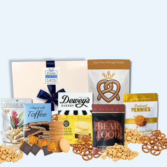 North Carolina snack gift box with artisan popcorn, BBQ chips, and gourmet treats from Carolina makers