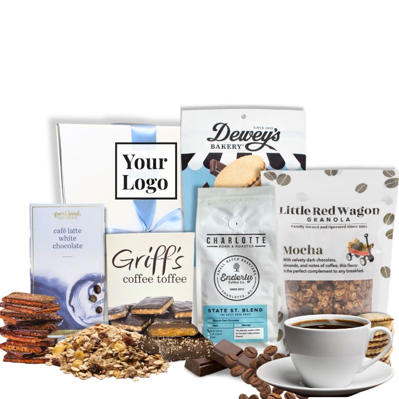  Custom branded coffee and chocolate gift box with North Carolina artisan treats and personalized logo for corporate clients