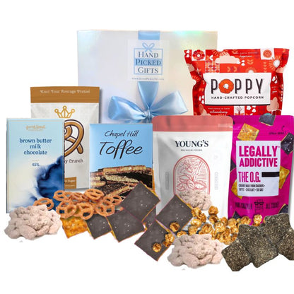 North Carolina gourmet sweet gift box contents with Chapel Hill Toffee, cinnamon pretzels, and artisan treats