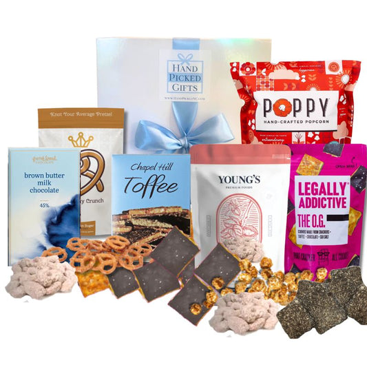 North Carolina gourmet sweet gift box contents with Chapel Hill Toffee, cinnamon pretzels, and artisan treats