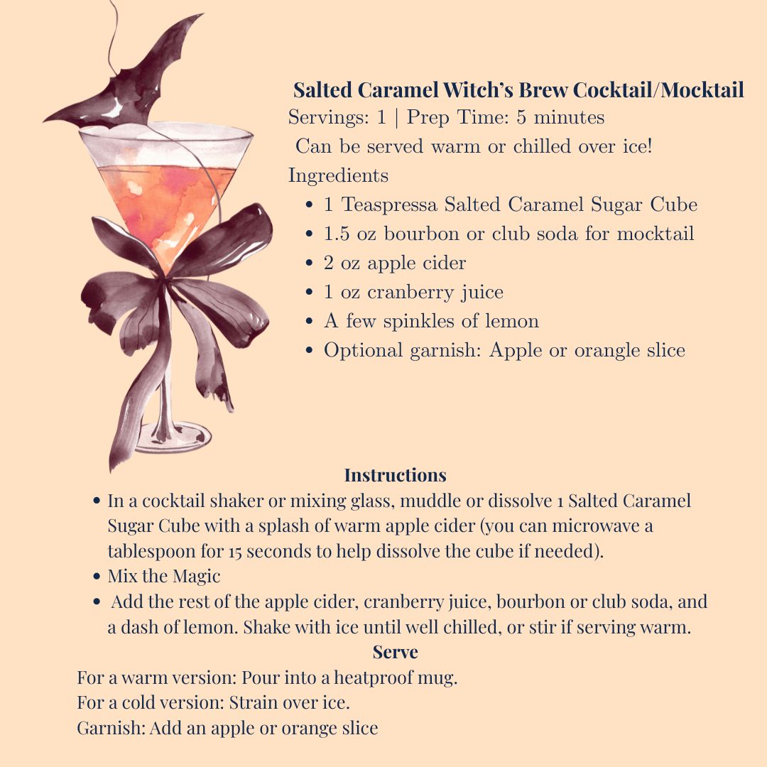 Recipe card for a Salted Caramel Witch's Brew Cocktail Mocktail with a cocktail glass illustration.