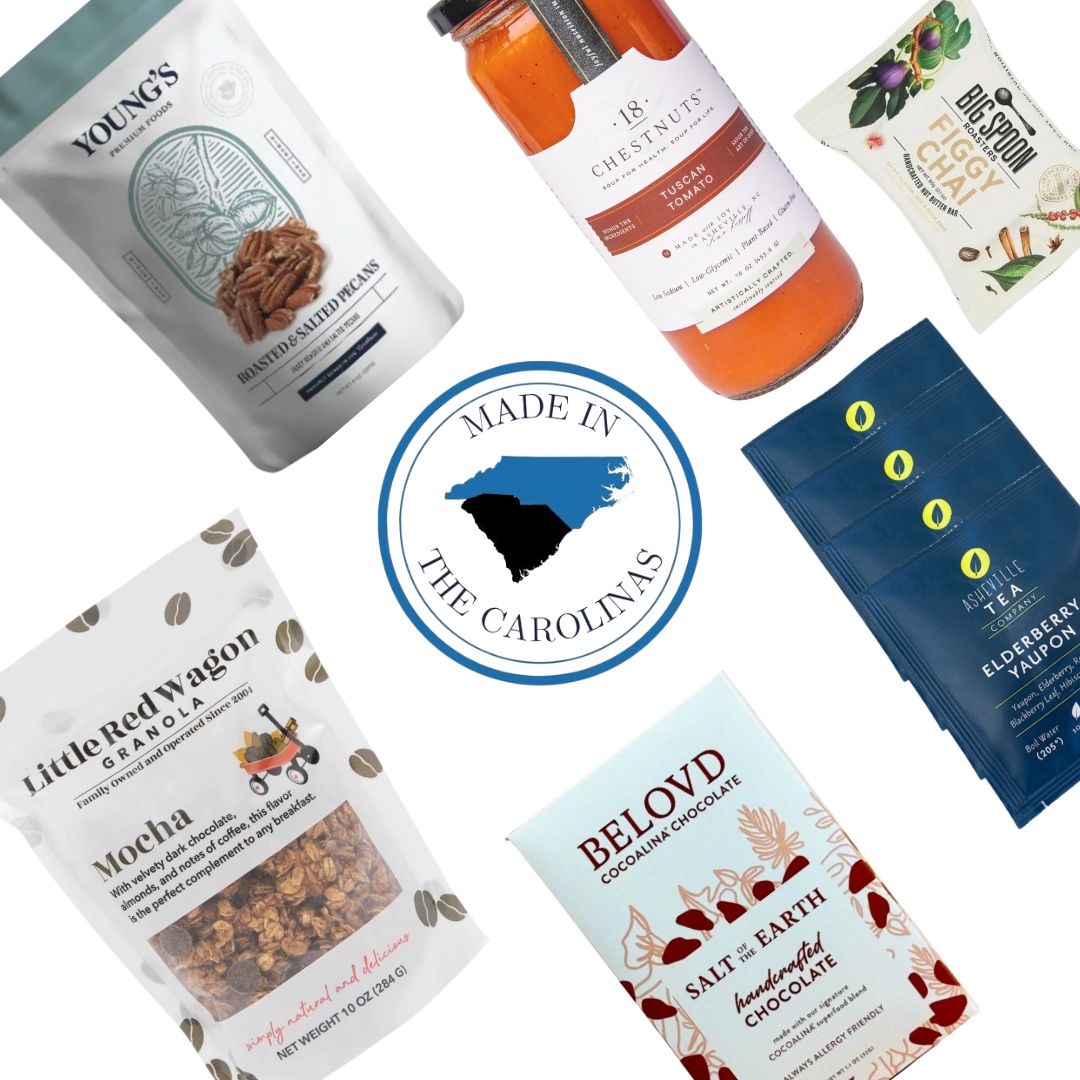 Assorted food products from north and south carolina with 'Made in the Carolinas' logo in the center.