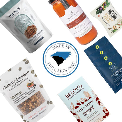 Assorted food products from north and south carolina with 'Made in the Carolinas' logo in the center.
