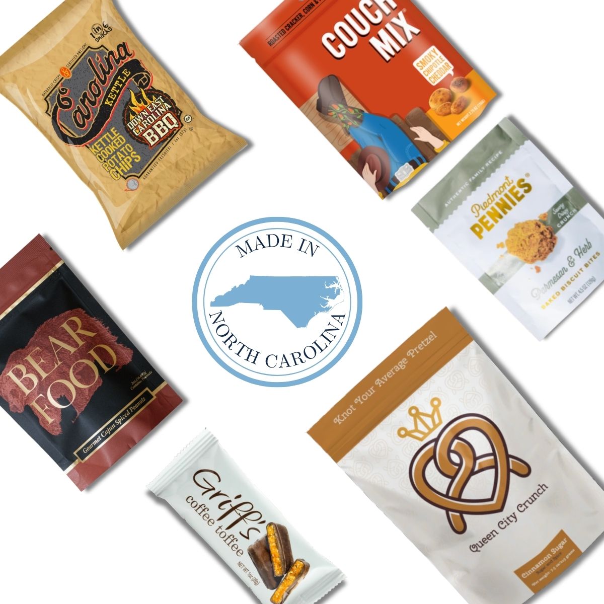 flat lay of north carolina made products in wedding welcome box for guests