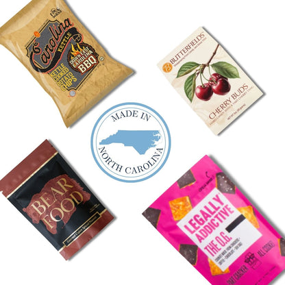 flat lay of north carolina made products in wedding welcome box for guests