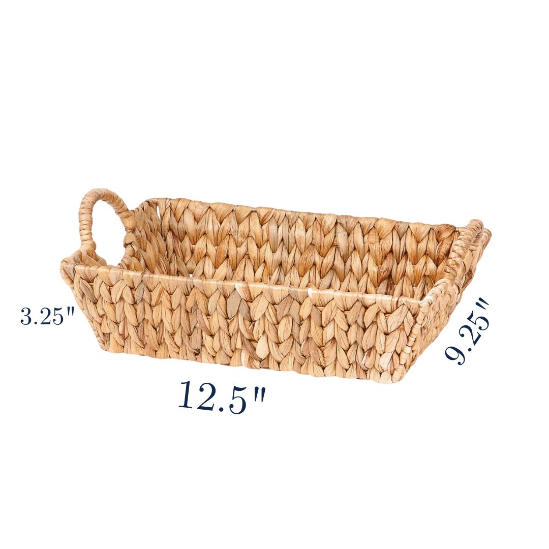 rectangular woven hyacinth gift tray with built in handles, shown with labeled measurements: 12.5 inches long, 9.25 inches wide, and 3.25 inches high-ideal for upscale gift baskets, holiday gifting, or winter-themed gourmet presents.