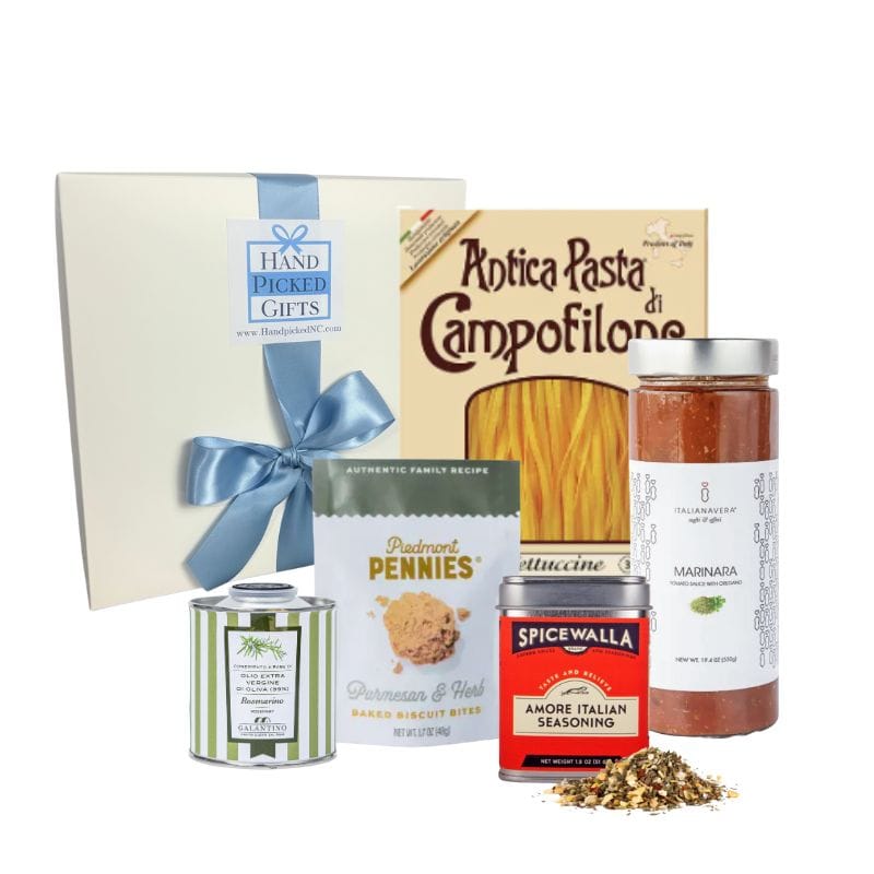 Italian dinner gift basket with authentic pasta and gourmet ingredients from North Carolina artisan shop